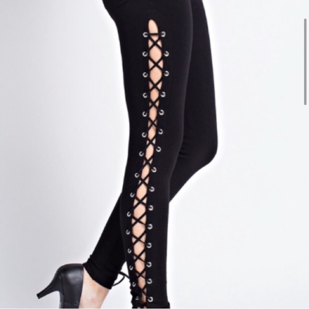Black Lace Up Stretch High Waist Ponte Pants